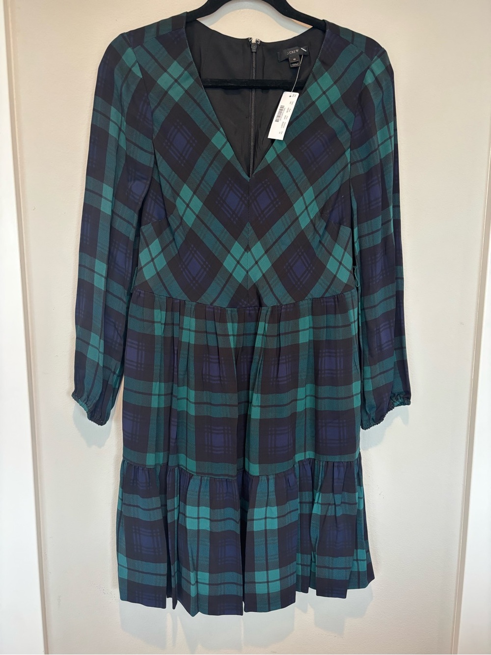J. Crew Green & Navy Plaid Tiered V-Neck Long Sleeve Dress